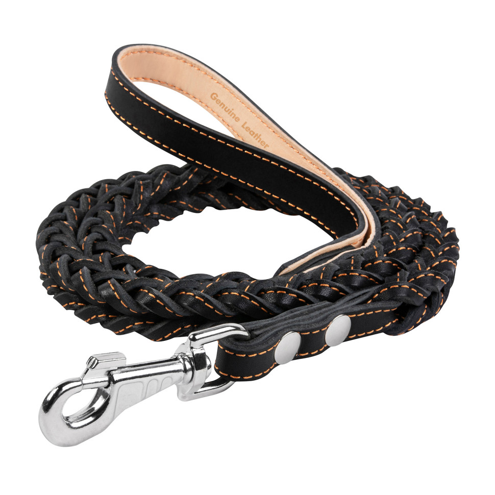 Поводок CoLLaR квадратное плетение, с прошивкой черный, кожа (122 см)